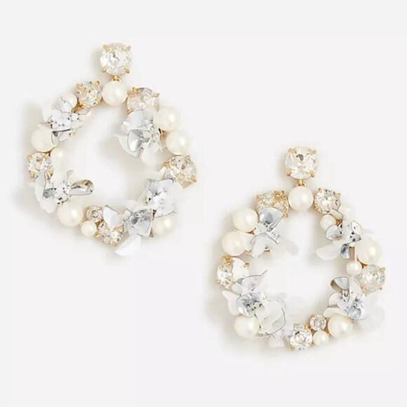 J. Crew White Pearl, Crystal, Sequin Hoop Statement DoorKnocker Earrings Bridal - Picture 2 of 12